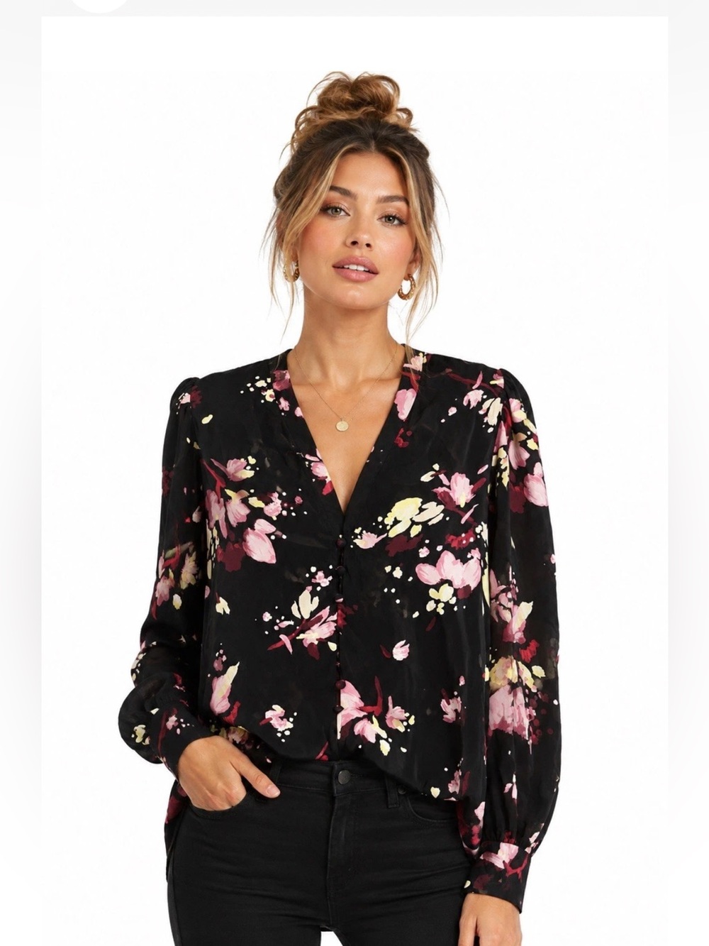 Floral V-Neck Button Front Blouse - Black/Pink